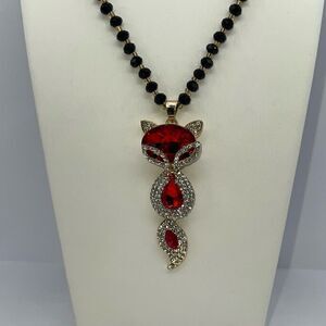 Rhinestone Fox Statement Necklace Beaded Red And Black Articulated Chunky Boho